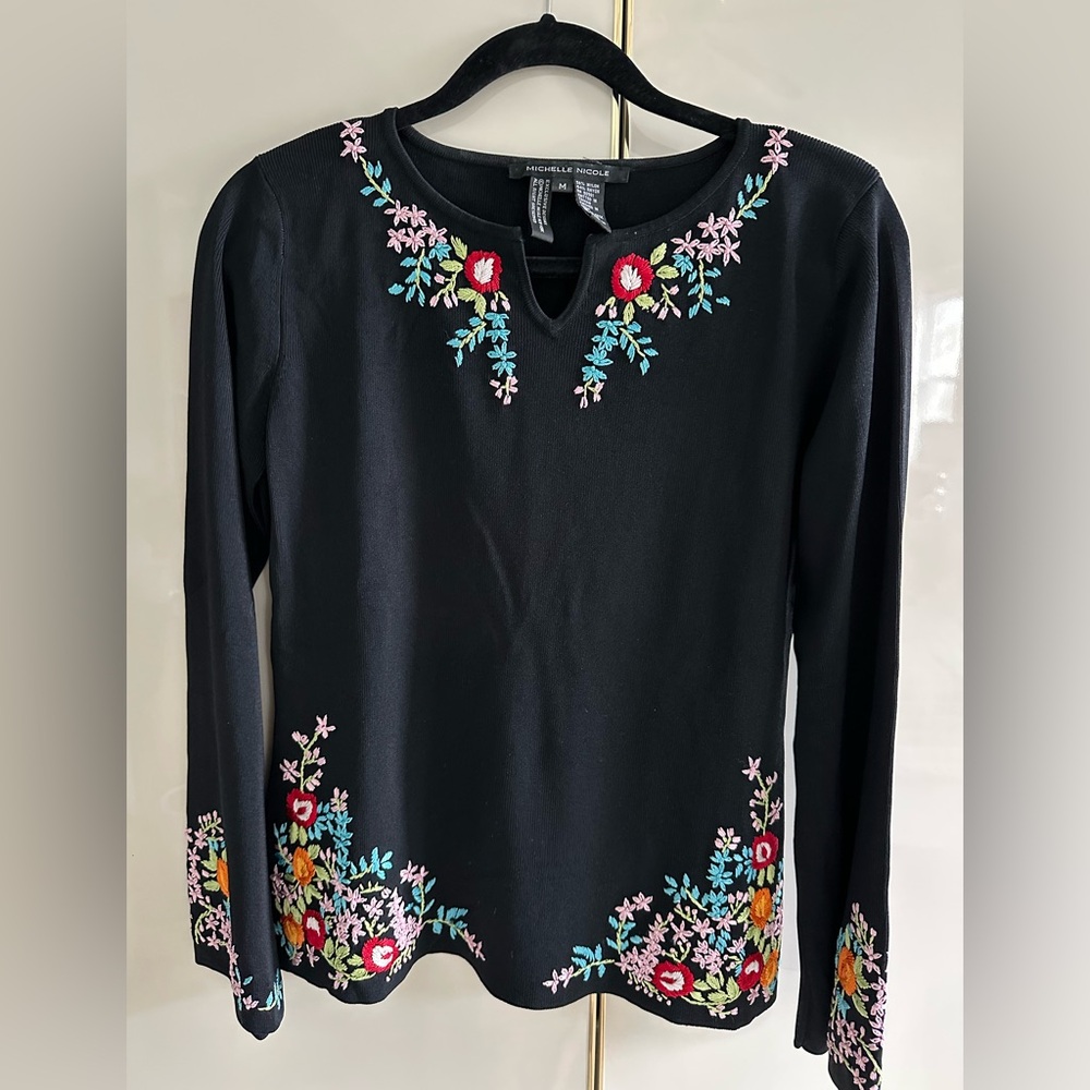 Michele Nicole Embroidered Black Floral Top